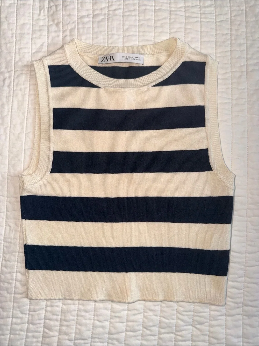 Zara Women’s Striped Black and White/Cream Cropped Tank Top size XS